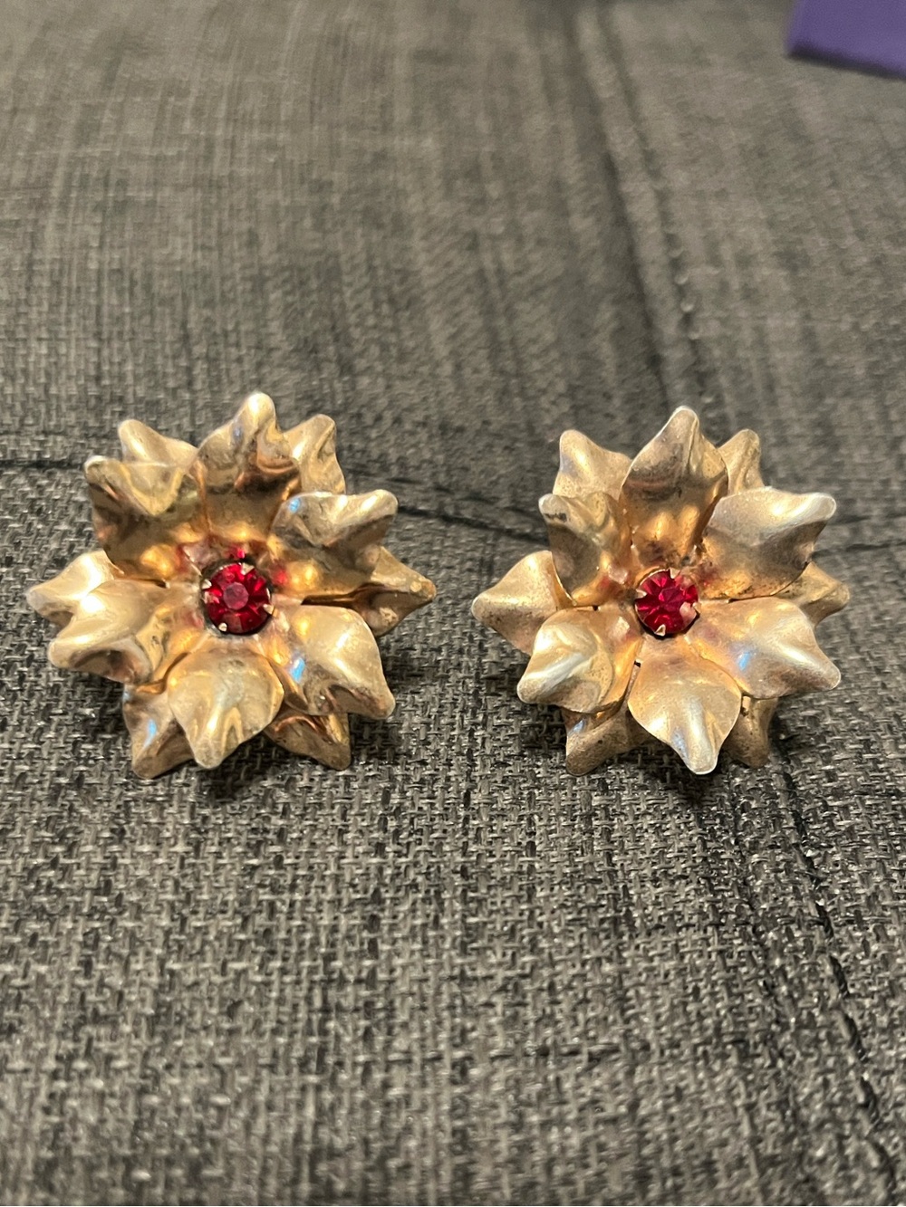 Vintage Gold Flower Earrings with Red Gem Screw Back